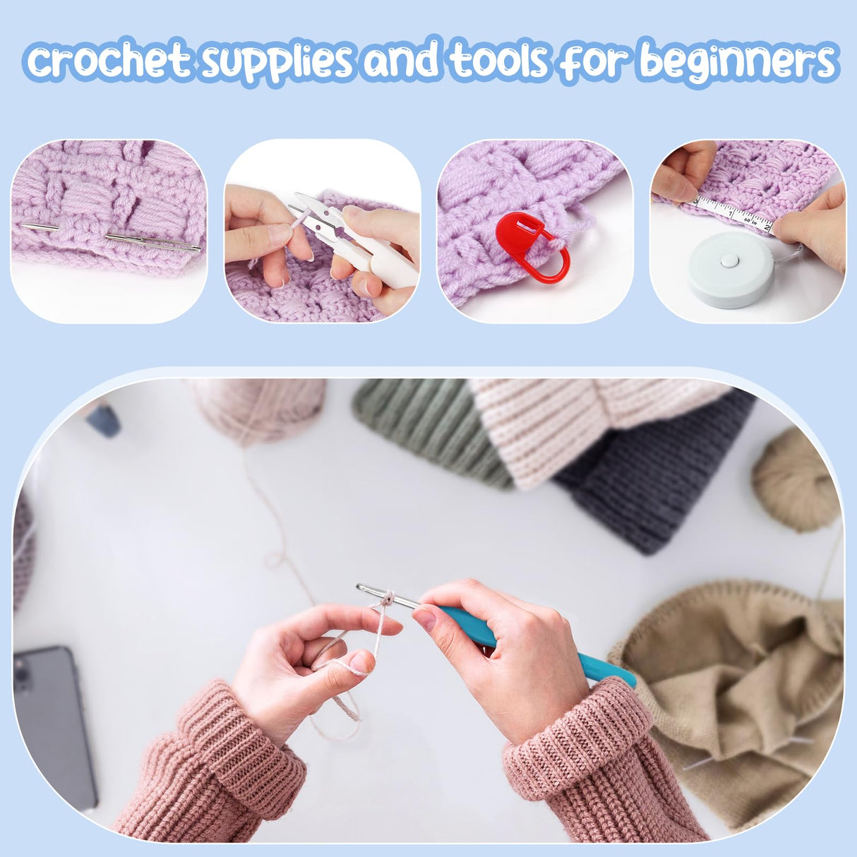 Aeelike Crochet Kit for Beginners with Yarn and Introduction Book, Crochet Starter Kit Everything for Ages 8-12, Learn to Crochet Kit with Ergonomic Soft Grip Crochet Hooks and Blue Flower Bag Aeelike