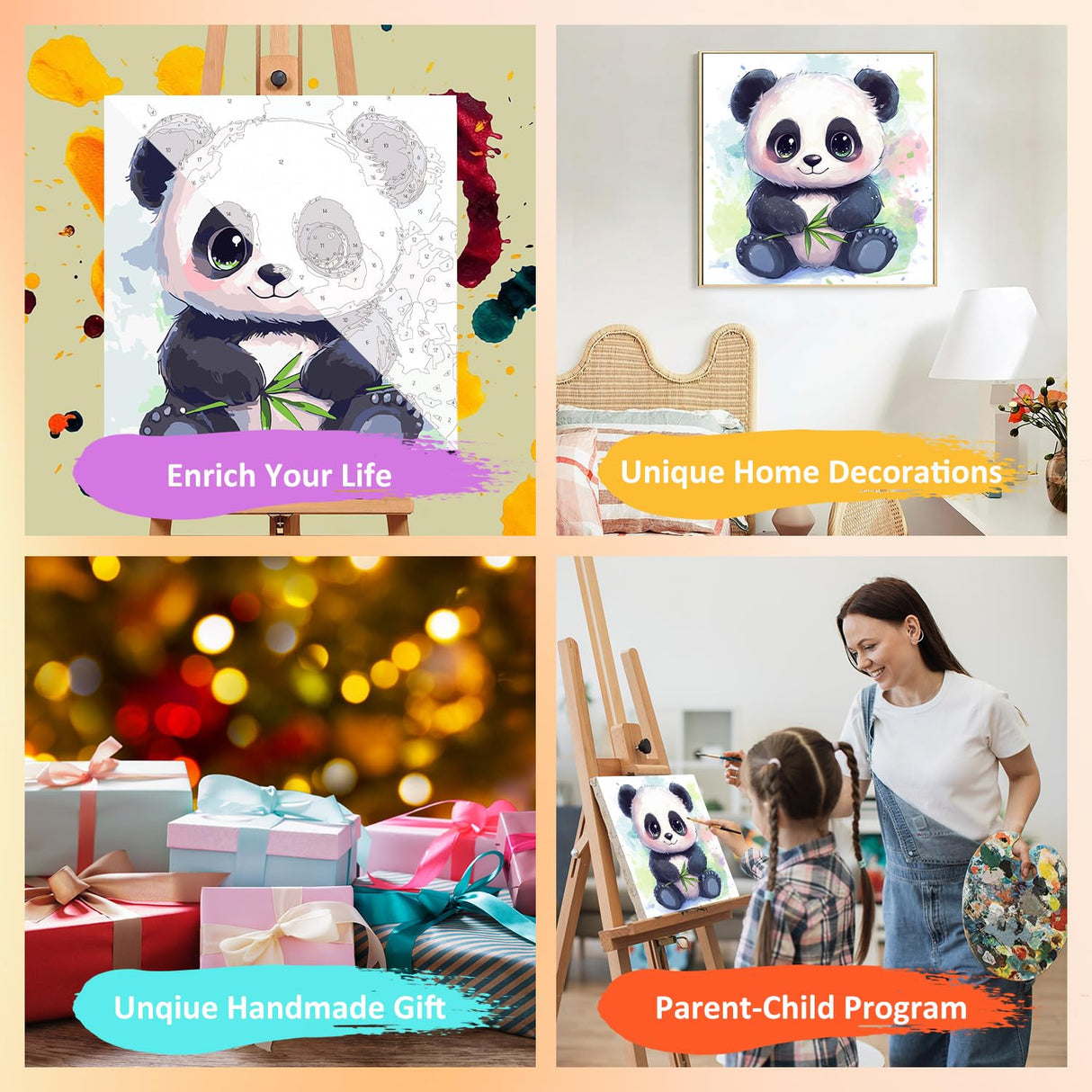 Mandun Paint by Numbers Kit for Kids with Frame, Panda Paint by Numbers for Kids Ages 4-8-12, DIY Panda Acrylic Oil Painting for Home Wall Art Decor Gift 7.8x7.8 inch (with Frame Easel) Mandun