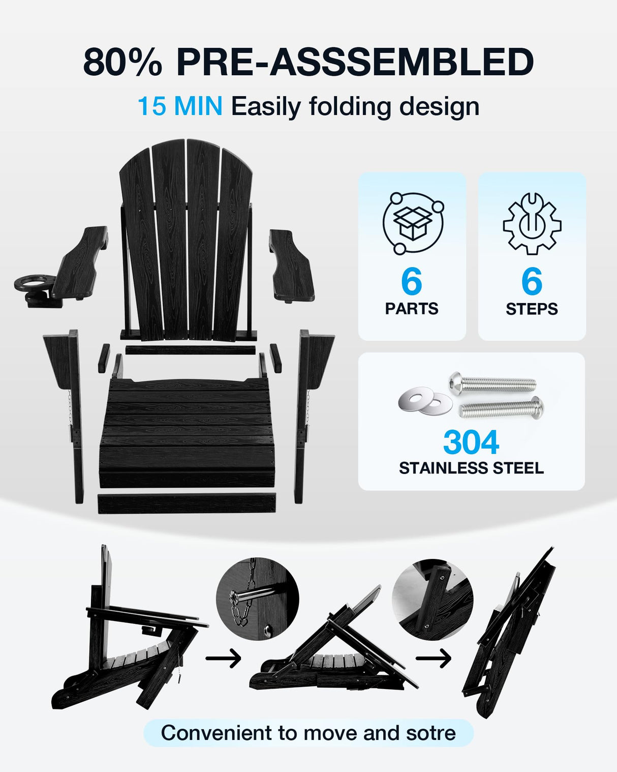 Serique Folding Adirondack Chair Wood Texture, Patio Chair Weather Resistant, Outdoor Chair, Lawn Chair with Cup Holder, Fire Pit Chair for Deck, Outdoor, Porch, Backyard, Garden (Black) Serique