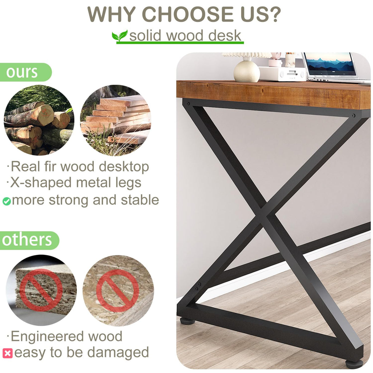 IBF Solid Wood Computer Desk, Rustic 55” Real Wood Home Office Work Desk, Farmhouse Natural Wood Desk for Writing Study, Simple Fir Wooden PC Table Workstation for Living Room Bedroom, Brown, 55 inch IBF