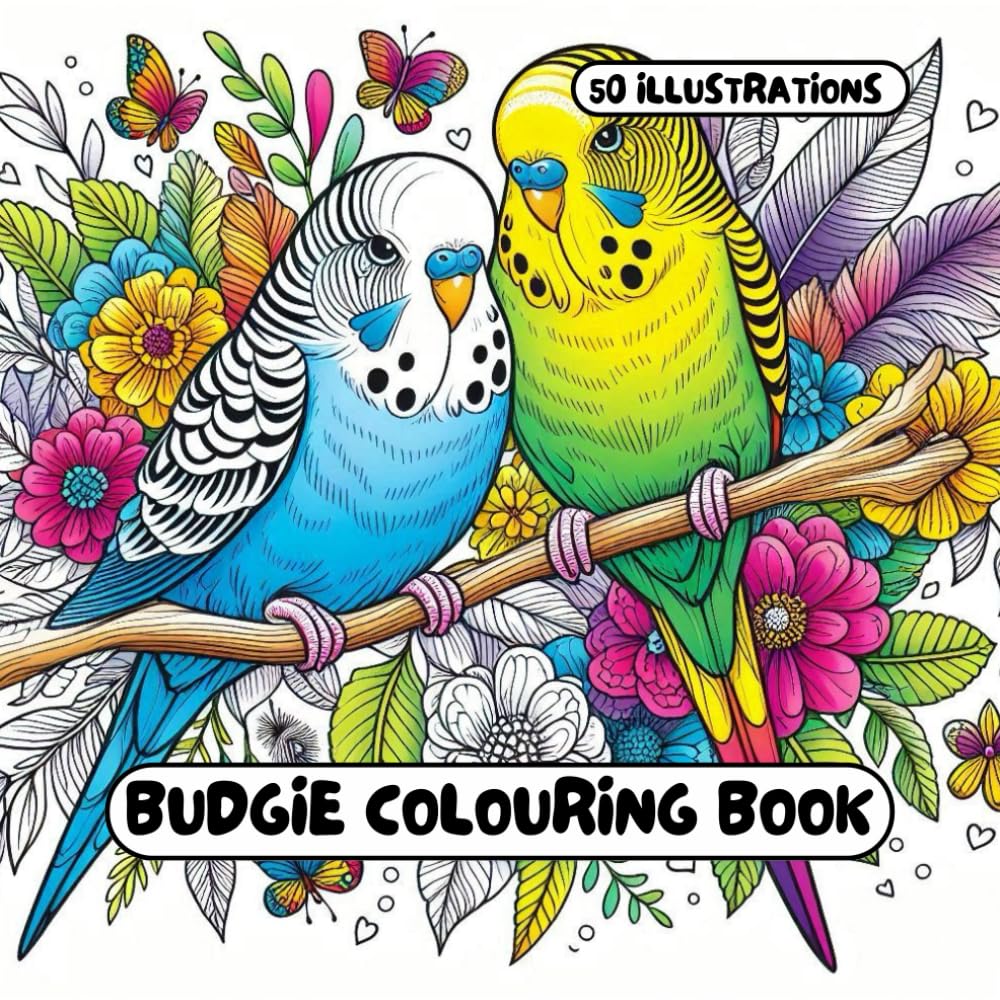 Budgie Colouring Book: for Adults & Kids - 50 different illustrations - 8.5 x 8.5 size (Bird Colouring Books) Majosta