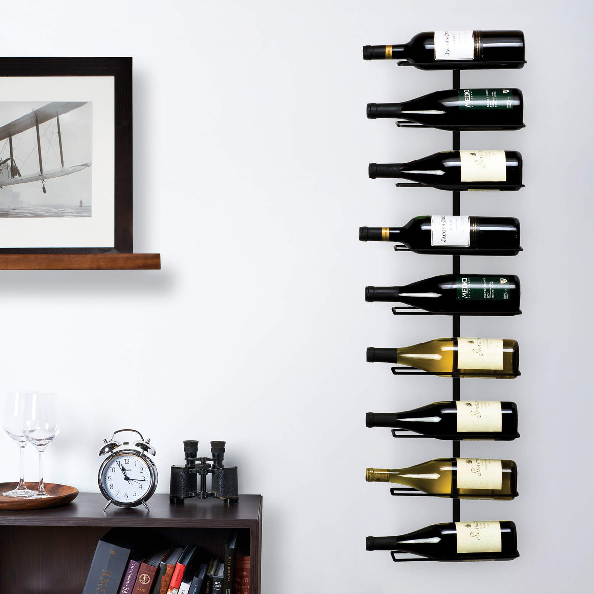True Align Wall-Mounted Wine Rack, Black Wrought Iron, Minimalist Modern Wine Display, Alcohol Storage Solution, Holds Nine Standard Wine Bottles, 37.75" x 9.75" TRUE
