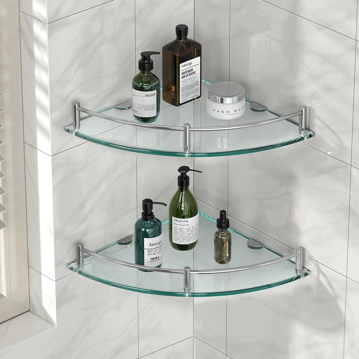 YorkHoMo Glass Corner Shelves Tempered Bathroom Eestantes para Baños with Rail Wall Mounted Drill Hole for Corner Shower Shelf for Inside Shower 2 Pack(Sliver) YorkHoMo