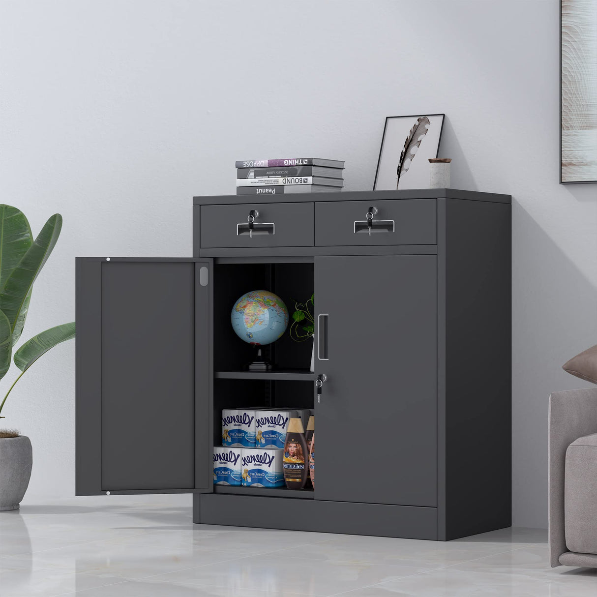 JINGUR Metal Storage Cabinet with Locking Doors and 2 Drawers, Lockable Storage Cabinets with Adjustable Shelf for Home Office and Garage (Black) JINGUR