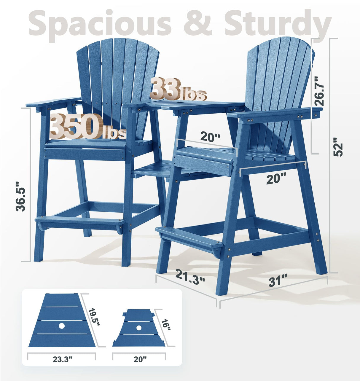 PASAMIC Tall Adirondack Chair Set of 2 with Removable Double Connecting Trays, Recycled HDPE with Wood Grain, Weather Resistant, Outdoor Adirondack Barstools for Deck, Balcony, Patio, Backyard, Blue PASAMIC