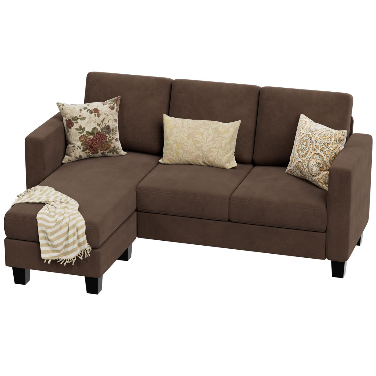 VICTONE Convertible Sectional Sofa Couch, 3 Seat L-Shaped Sofa with Linen Fabric, Movable Ottoman Small Couch for Small apartments, Living Room and Office (Brown) VICTONE