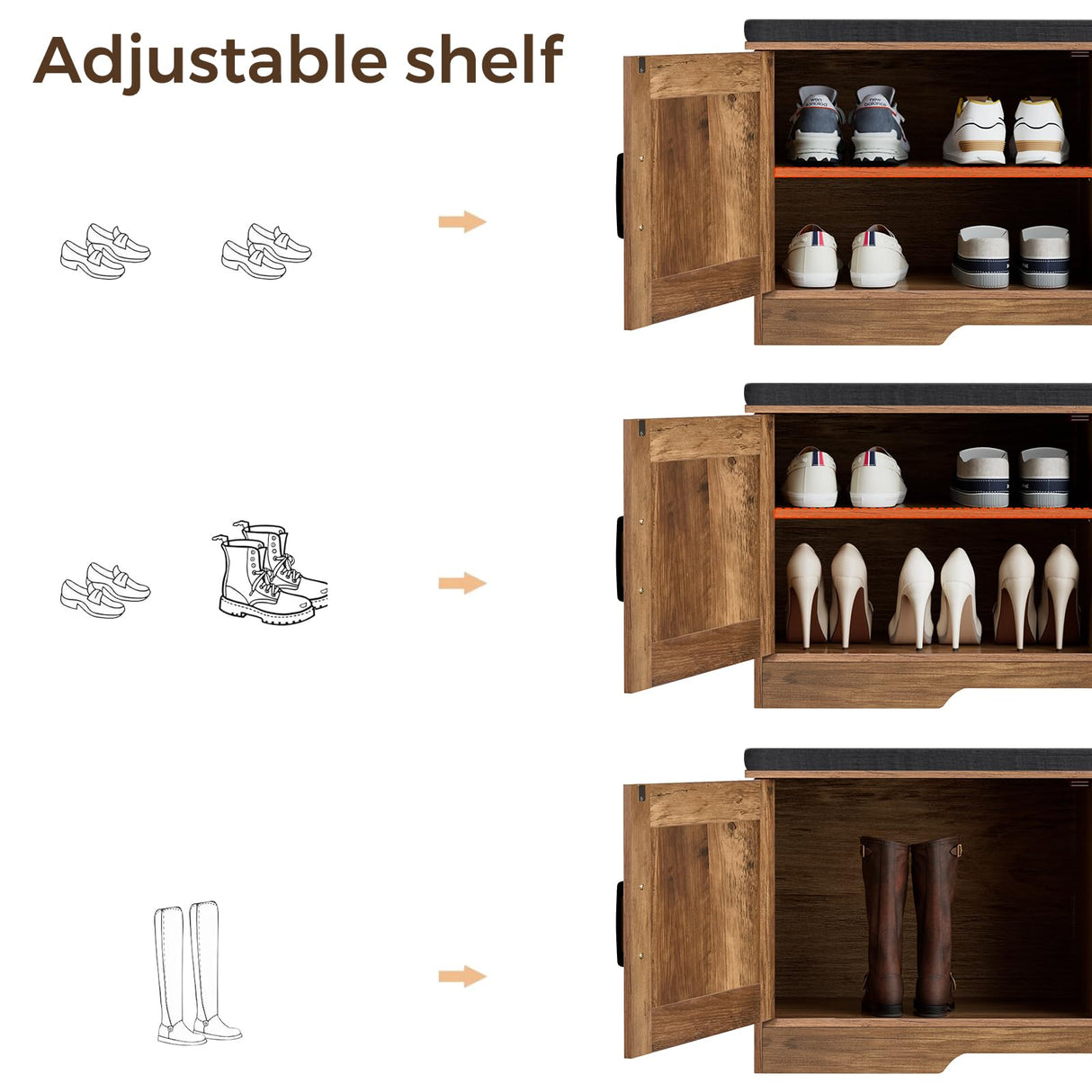 HOMSHO 2-Tier Storage Bench, Shoe Bench with Padded Seat Cushion, Entryway Bench with 4 Barn Doors, Adjustable Shelf, 13.8" D x 47.2" W x 17.7" H, for Entryway, Living Room, Bedroom, Rustic Walnut HOMSHO