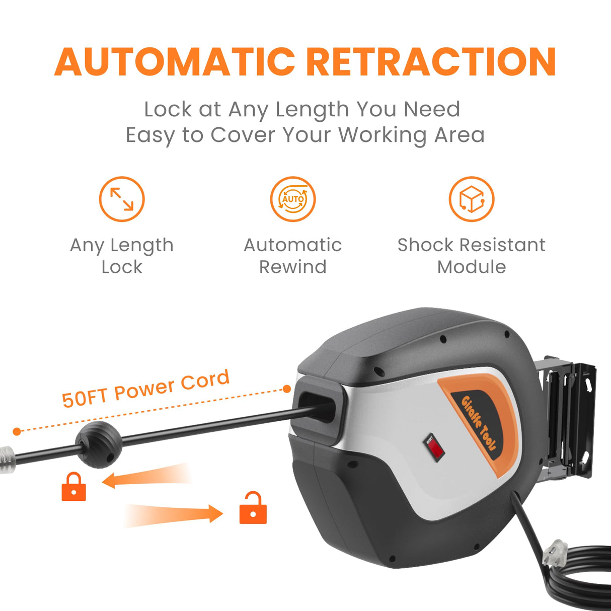 Giraffe Tools Retractable Power Cord Reel, 50ft 12AWG/3C SJT Heavy Duty Extension Cord Storage Reel Wall/Ceiling Mount for Garage with Lighted Triple Tap Giraffe Tools