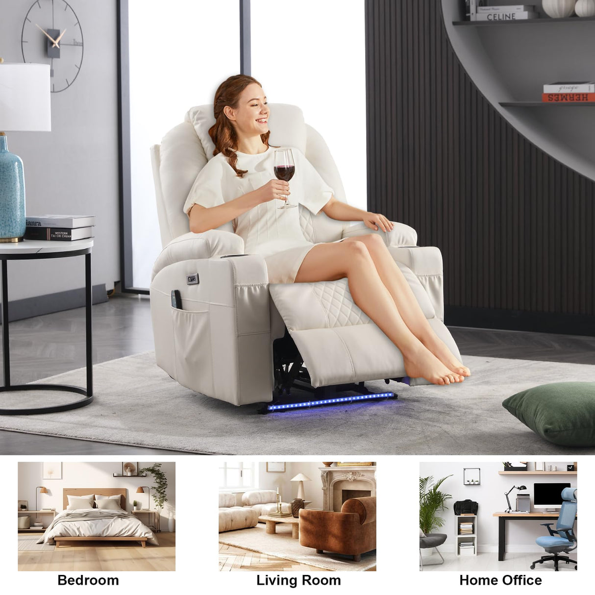 AHMED Power Recliner Chair, Home Theater Seating with LED Ambient Lighting, PU Leather Lazy Sofa Heat Massage Chair with Cup Holders/Side Pockets/USB Ports for Living Room (Beige, Single) AHMED