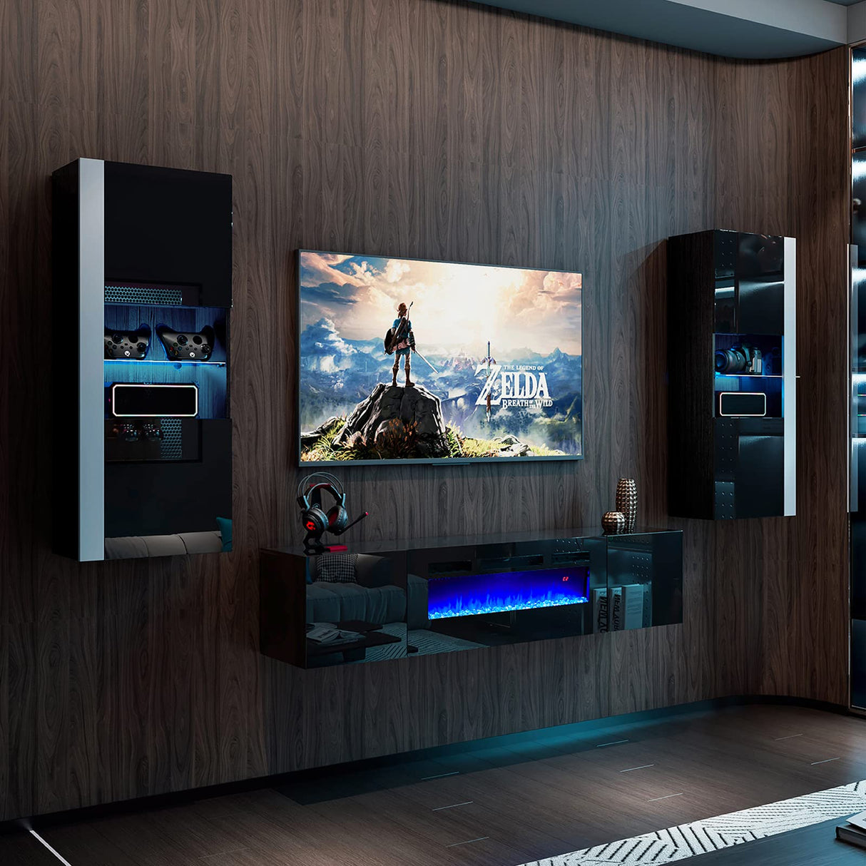 AMERLIFE Wall Unit Entertainment Center with 36" Electric Fireplace, Includes 68" Floating Fireplace TV Stand, 2 x Wall Cabinets, Modern LED Light Media Console Table for Living Room, Black/White AMERLIFE