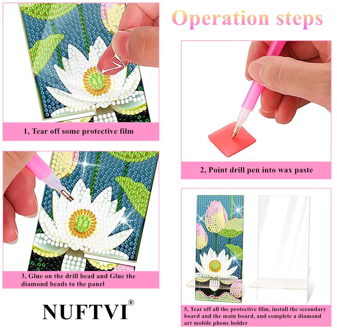 NUFTVI 2 Pack Diamond Painting Phone Holder Kits, 5D Full Crystal Diamond Art Phone Holder& Mirror Craft Kits Gift for Beginner/Adult (Lotus and Cherry Blossom) NUFTVI