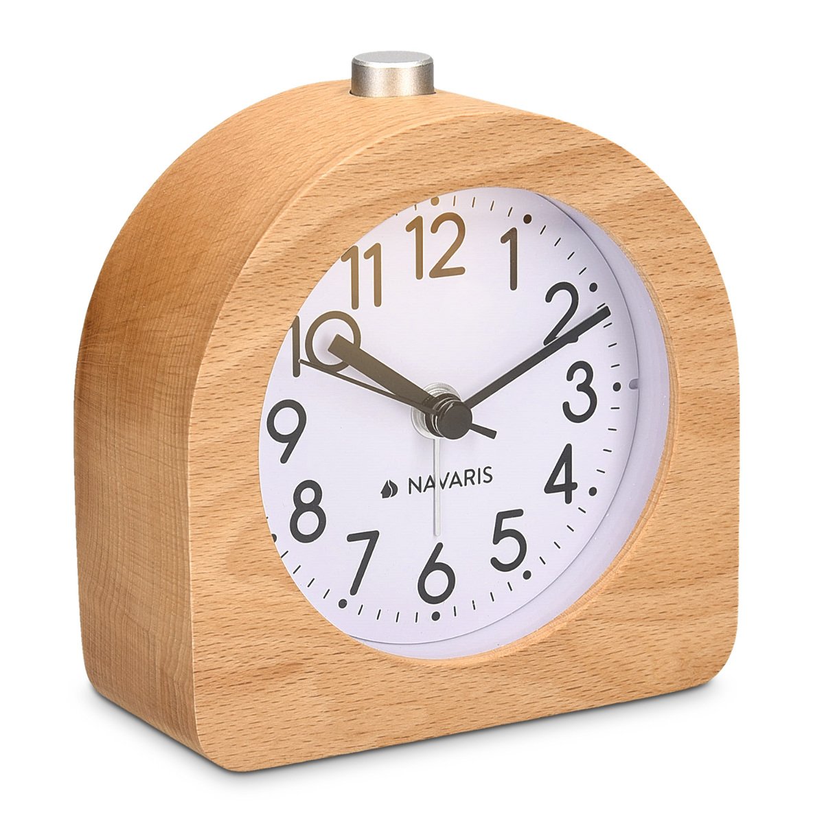 Navaris Wood Analog Alarm Clock - Half-Round Battery-Operated Non-Ticking Clock with Snooze Button and Light - Light Brown Navaris