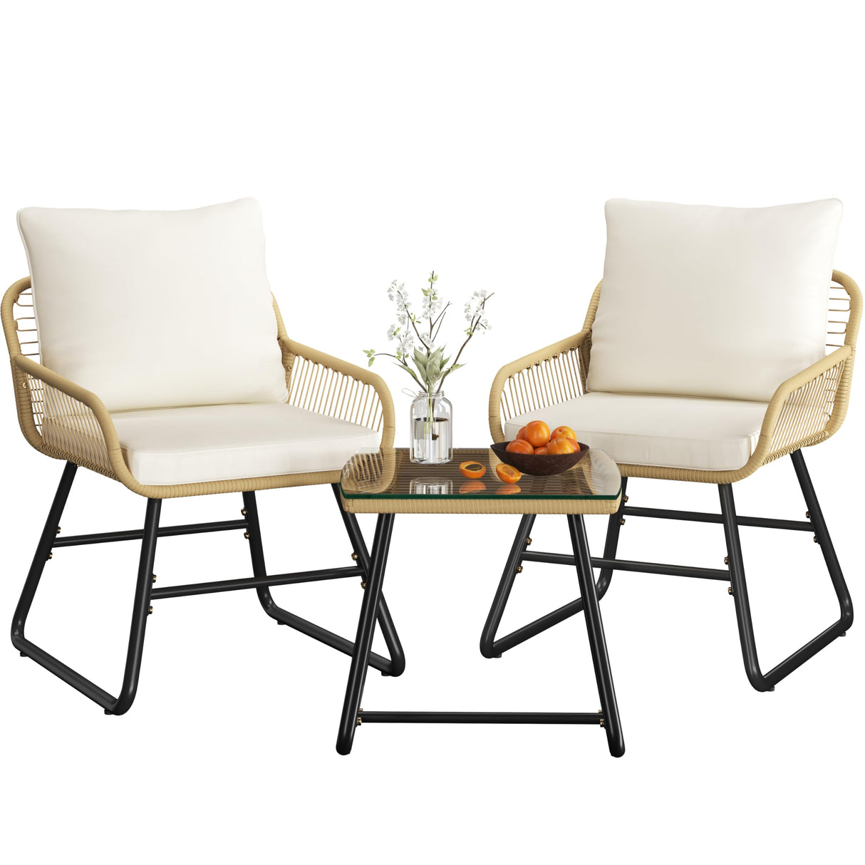Yaheetech 3 Piece Patio Bistro Set Outdoor Wicker Bistro Furniture Sets, 2 Rattan Chairs and Glass Top Table for Patio, Balcony, Porch, Poolside, Backyard - Tan/Cream Yaheetech