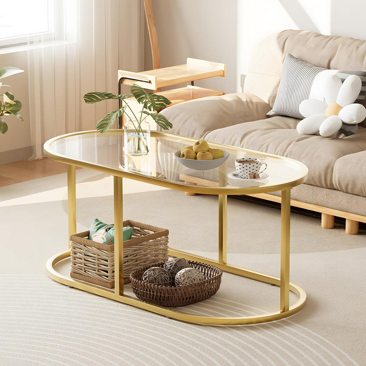 Coffee Table Gold Glass Coffee Tables for Living Room, Oval Table Center Table with Sturdy Metal Frame,Modern Tempered Glass Accent Tables for Bedroom Home Office Wolawu