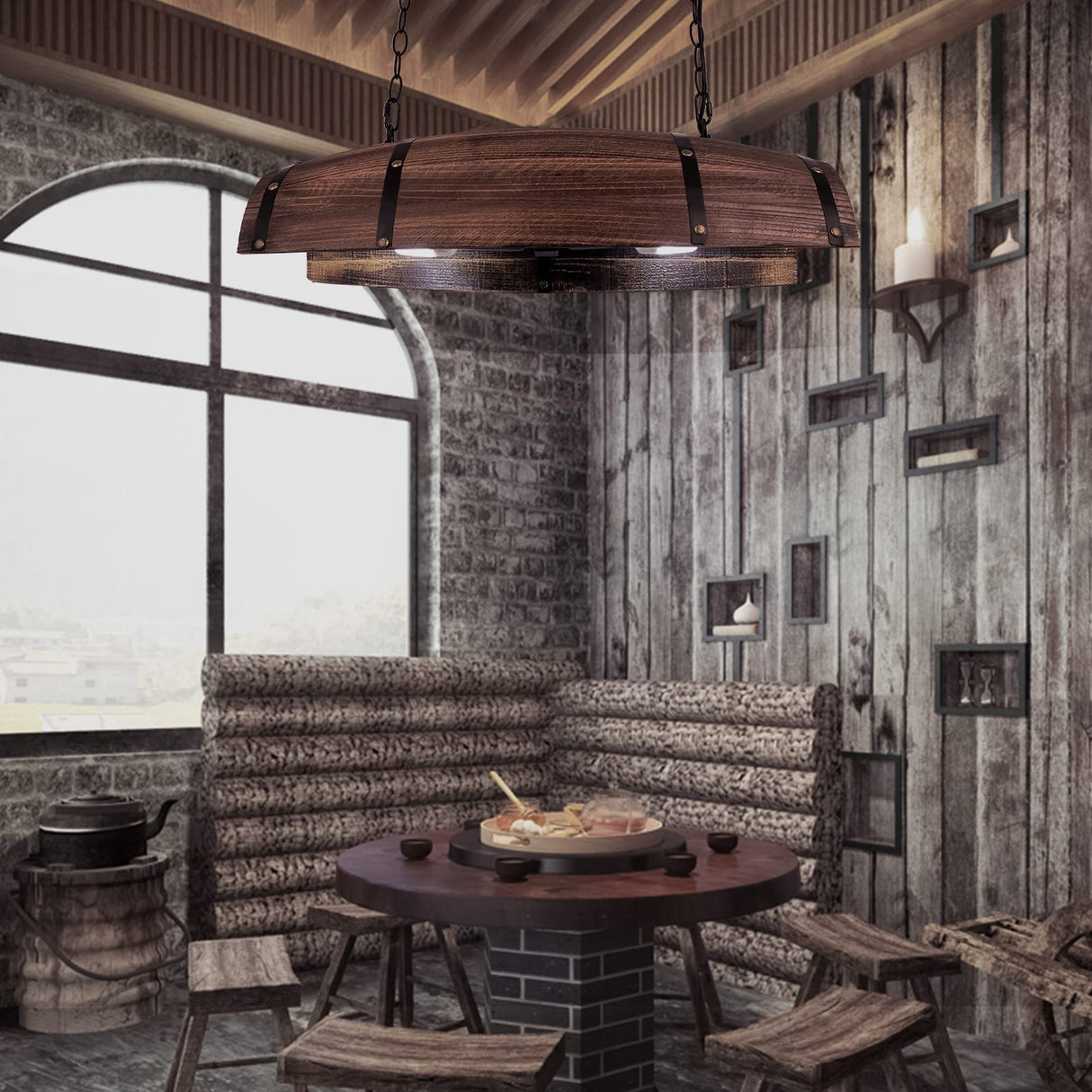 Newrays Antique Wood Wine Barrel Pendant Lamp Hanging Rustic Kitchen Bar Ceiling Lamp Light Fixtures Newrays