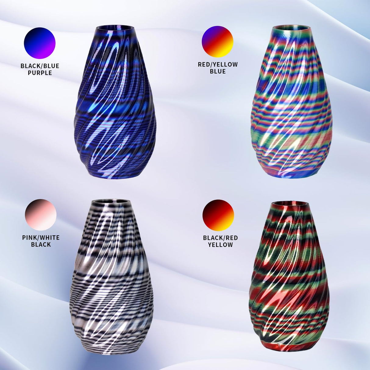 GolGeo 1.75mm Silk 3D Printing Filament Bundle, for Most of FDM Printer,Fast Color Change, (Rainbow S Series - Black&Red&Yellow/Black&Blue&Purple/Pink&White&Black/Red&Yellow&Blue, 4 x 200g) GolGeo