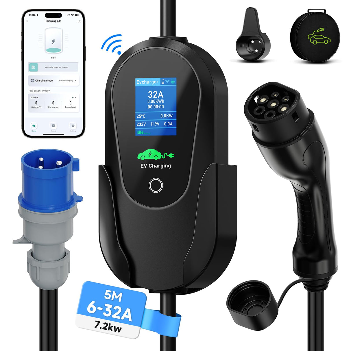 AFYEEV 7.2kW 5M Type 2 Charging Cable, 6/8/10/13/16/20/24/32A Adjustable Current, Charging Cable Type 2, Charging Cable Electric Car Type 2, Charging Cable Type 2, EV Charger with Bag AFYEEV