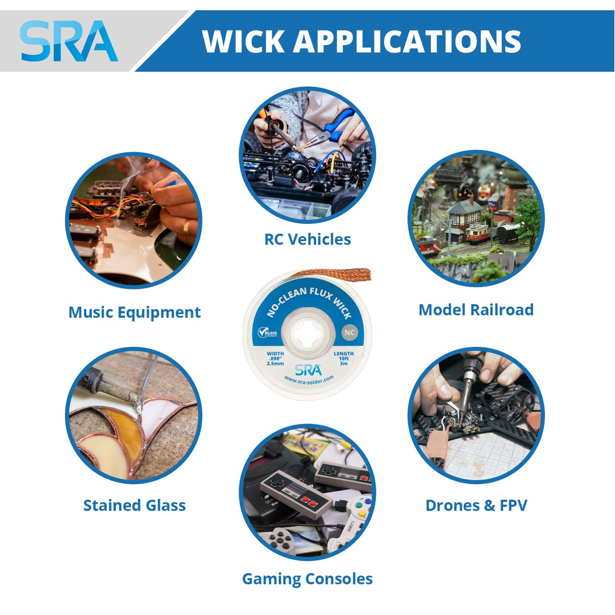 SRA Soldering Wick with Flat Woven Copper Desoldering Braid Strip and No Clean Flux for Easy Damage-Free Solder Removal - 3 Pack 10 Foot Solder Wick Spool SRA Soldering Products