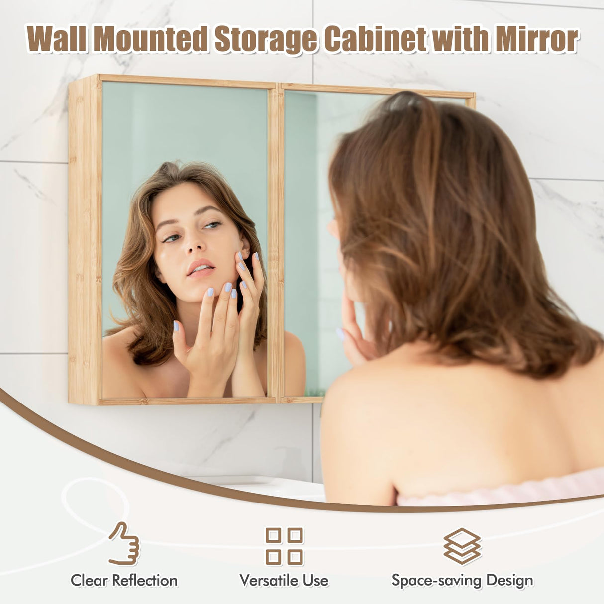 Giantex Medicine Cabinet, Bathroom Medicine Cabinet with Mirror, Reversible Double Door, 2 Adjustable Shelves, Bamboo Vanity Mirror Cabinet for Entryway, Living Room, Bathroom Wall Cabinet, Natural Giantex