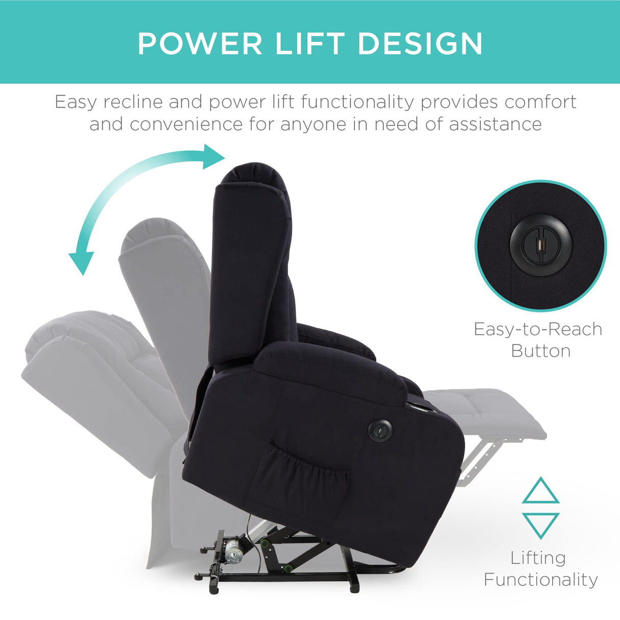 Best Choice Products Modern Linen Electric Power Lift Chair, Recliner Massage Chair, Adjustable Furniture for Back, Legs w/ 3 Positions, USB Port, Heat, Cupholders, Easy-to-Reach Button - Black Best Choice Products