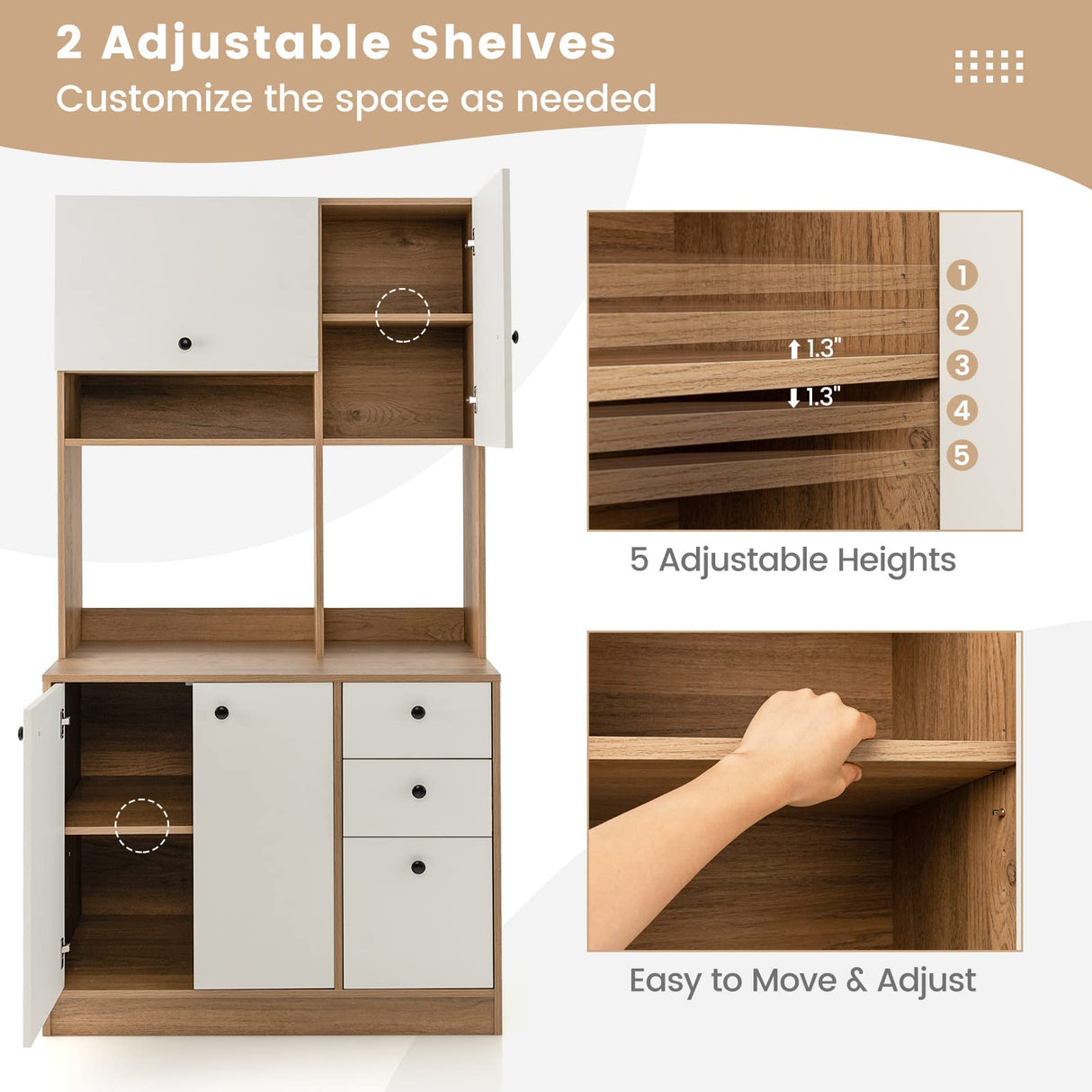 Giantex Kitchen Pantry, Buffet Hutch with 3 Storage Cabinet, 71'' Floor Large Cupboard with 3 Deep Drawers, Wide Countertop, Adjustable Shelves, Tall Sideboard (White & Natural) Giantex