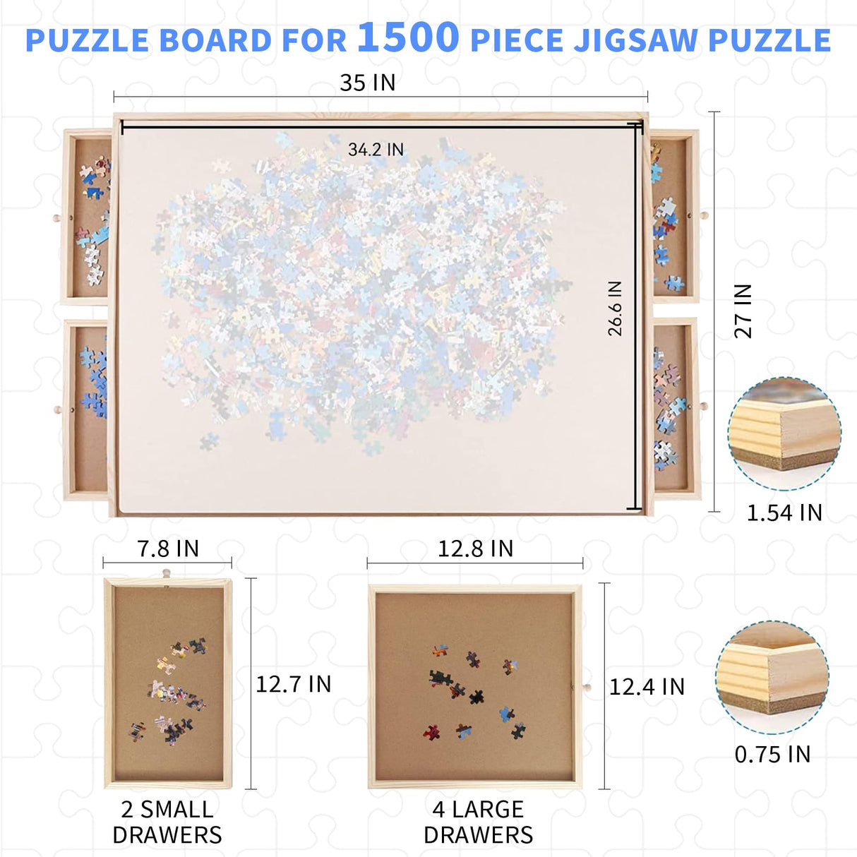 Puzzle Board, WOOD CITY 1500 Piece Wooden Jigsaw Puzzle Board with Drawers, 35” x 27” Portable Puzzle Table with Covers, Rotating Jigsaw Puzzle Table for Kids and Adults WOOD CITY