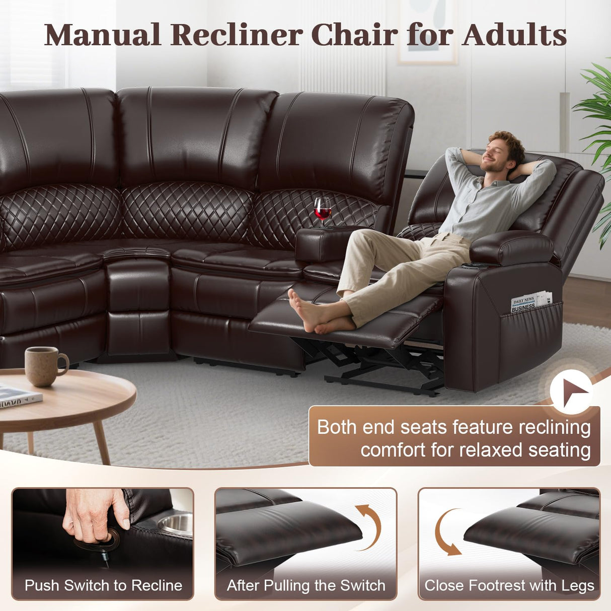 Yolsali Home Theater Seating Reclining Sectional Sofa, 5 Seats Soft Leather Recliner Corner Sectional Couch, Recliner Couch with USB Charging, Thickened Padding, Sturdy Frame, Brown Yolsali