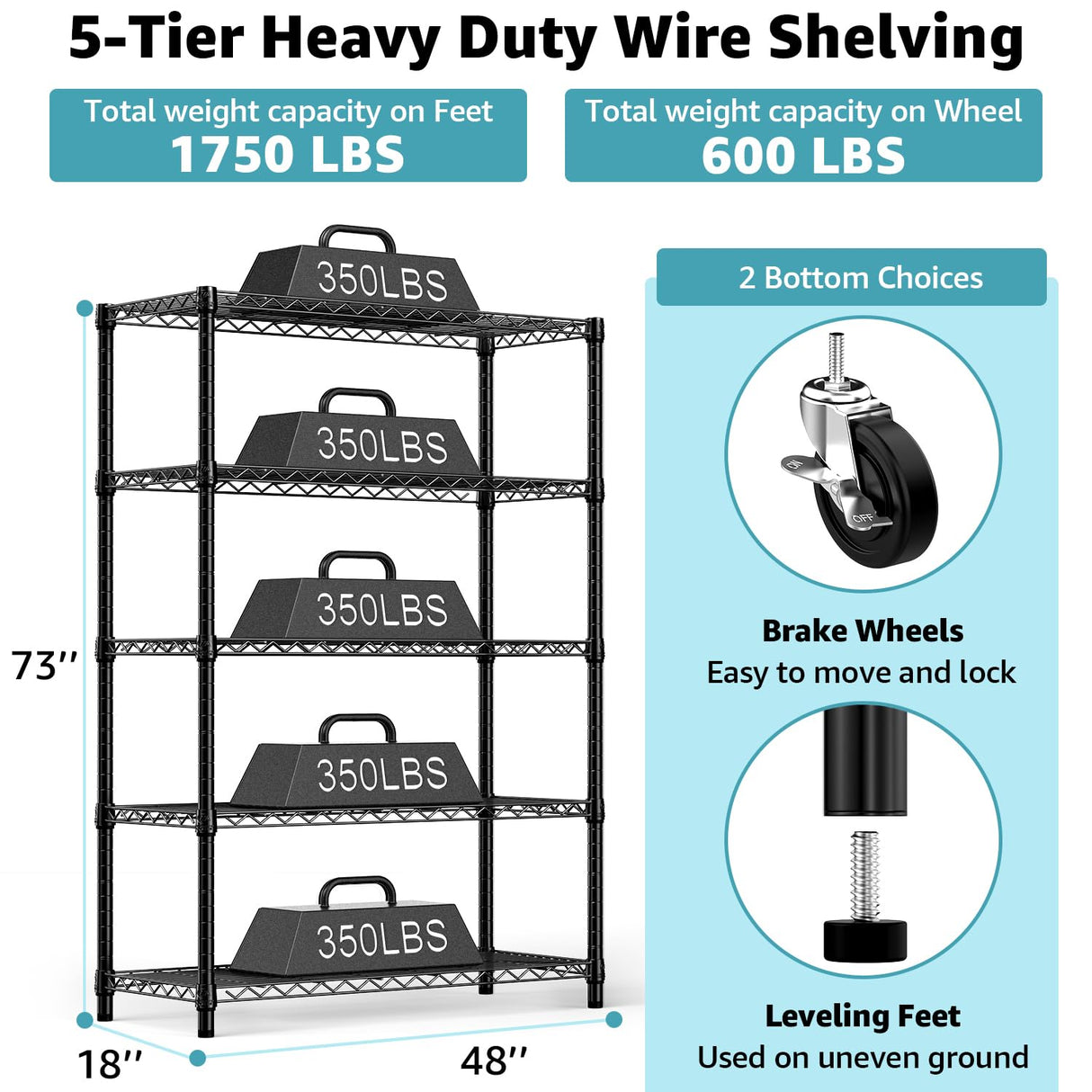 M MZG 5-Shelf Storage Shelves,Wire Shelving Heavy Duty Metal Storage Shelving Unit Adjustable Garage Shelving Rack Pantry Kitchen (Black, 5 Tier,17.7" D x 47.2" W x 76.7" H) M MZG