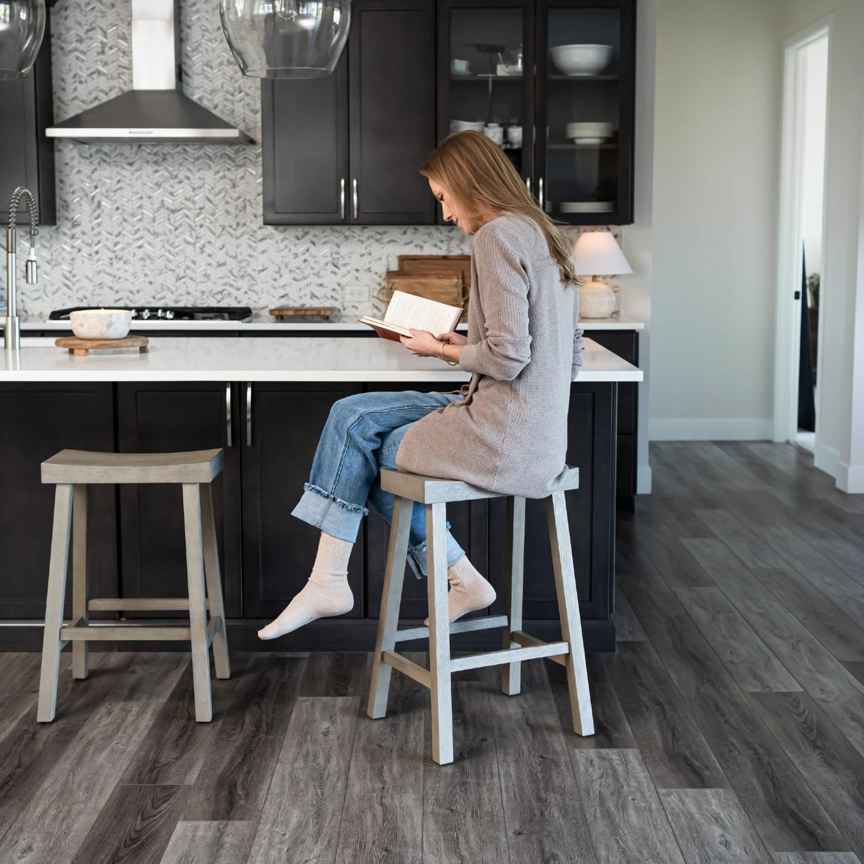 Maven Lane Kitchen Bar Stool, Modern Farmhouse Wood Counter Barstool, Kitchen Island Stool, Counter Height Bar Stools for Kitchen, Wide Seat Backless Bar Stools, Vincent 26", Antiqued Grey, Set of 2 Maven Lane