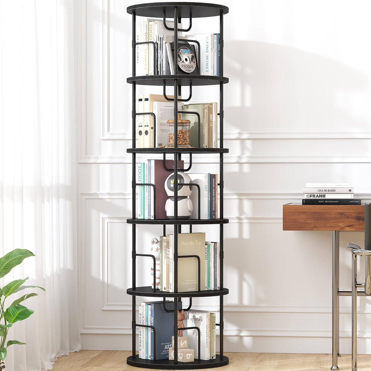 5Tier Rotating Bookshelf, 360 ° Display Stackable Spinning Bookshelf Tower, Narrow Space Saving Tall Floor Standing Swivel Bookcase Corner Storage Organizer for Bedroom/Living Room/Office,Black swlongbooks