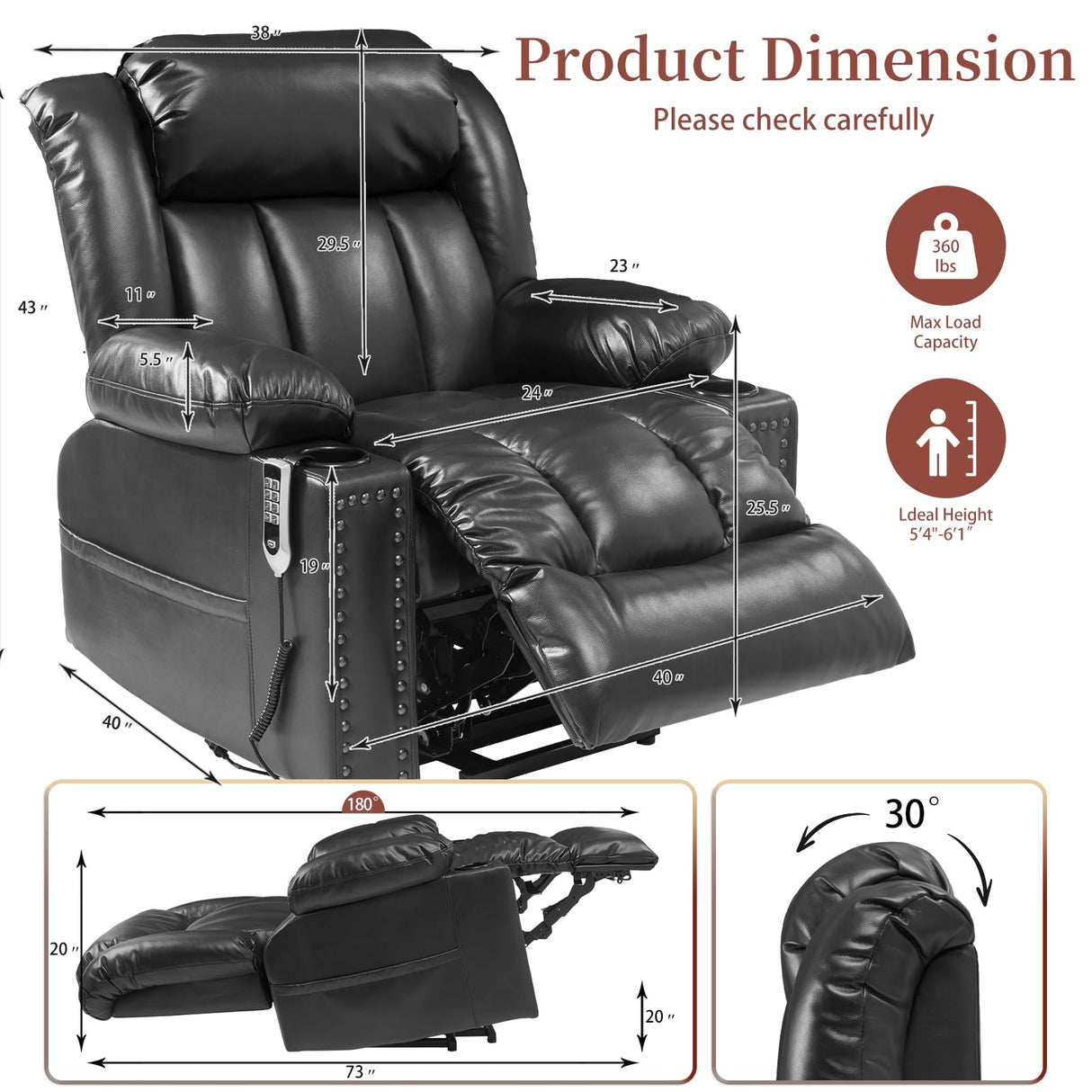 Neioml Four Motor Zero-Gravity Large-Wide Power Lift Chairs Recliners for Elderly, Infinite Position, 180° Lay Flat Lift Chair Big and Tall, Heat & Massage (Breathable Leather, Black) Neioml