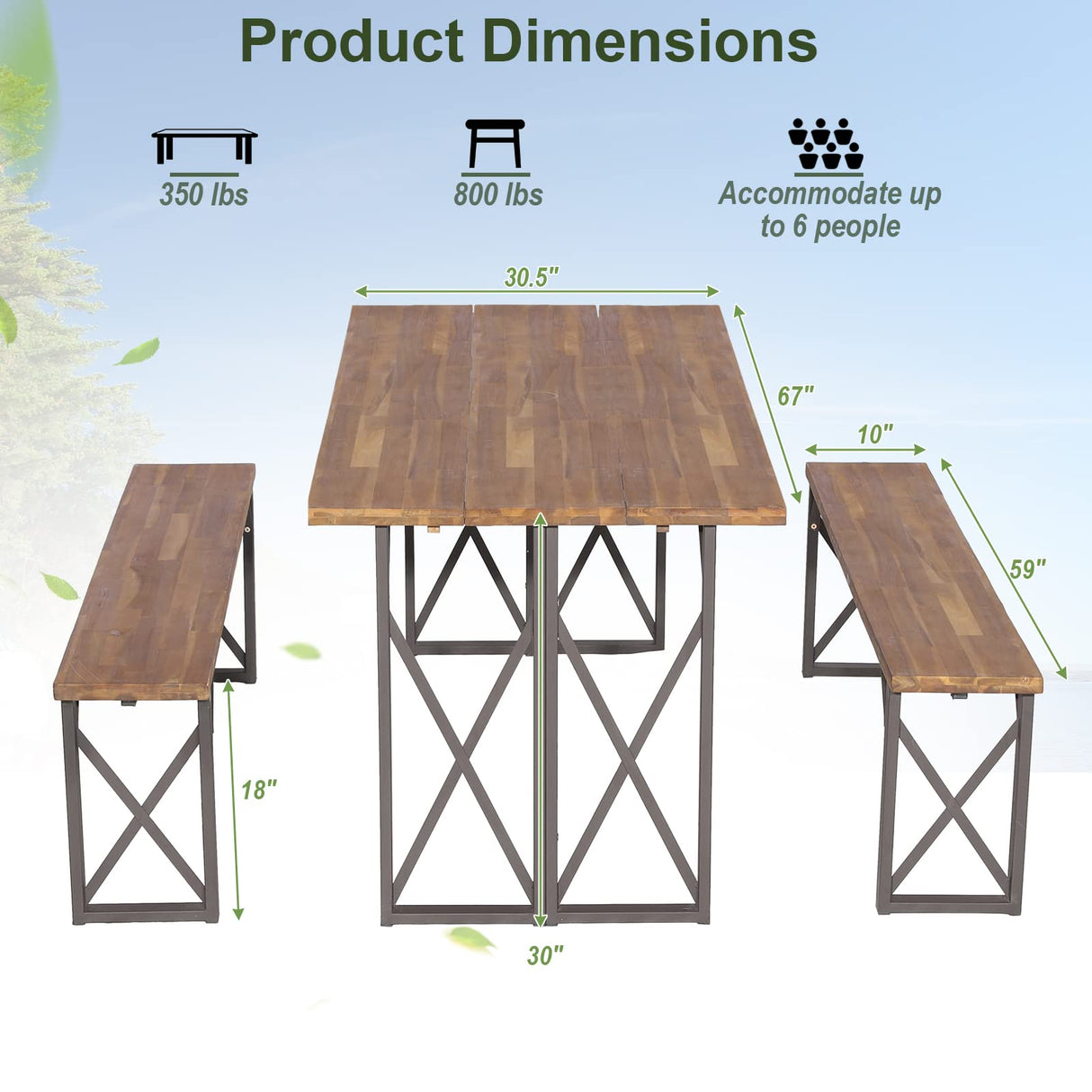 Tangkula 3 Piece Picnic Table Bench Set, Outdoor Acacia Wood Picnic Table with 2 Benches, 2-Inch Umbrella Hole, Heavy-Duty Metal Frame, Space-Saving Outside Table and Bench Set for Backyard, Patio Tangkula
