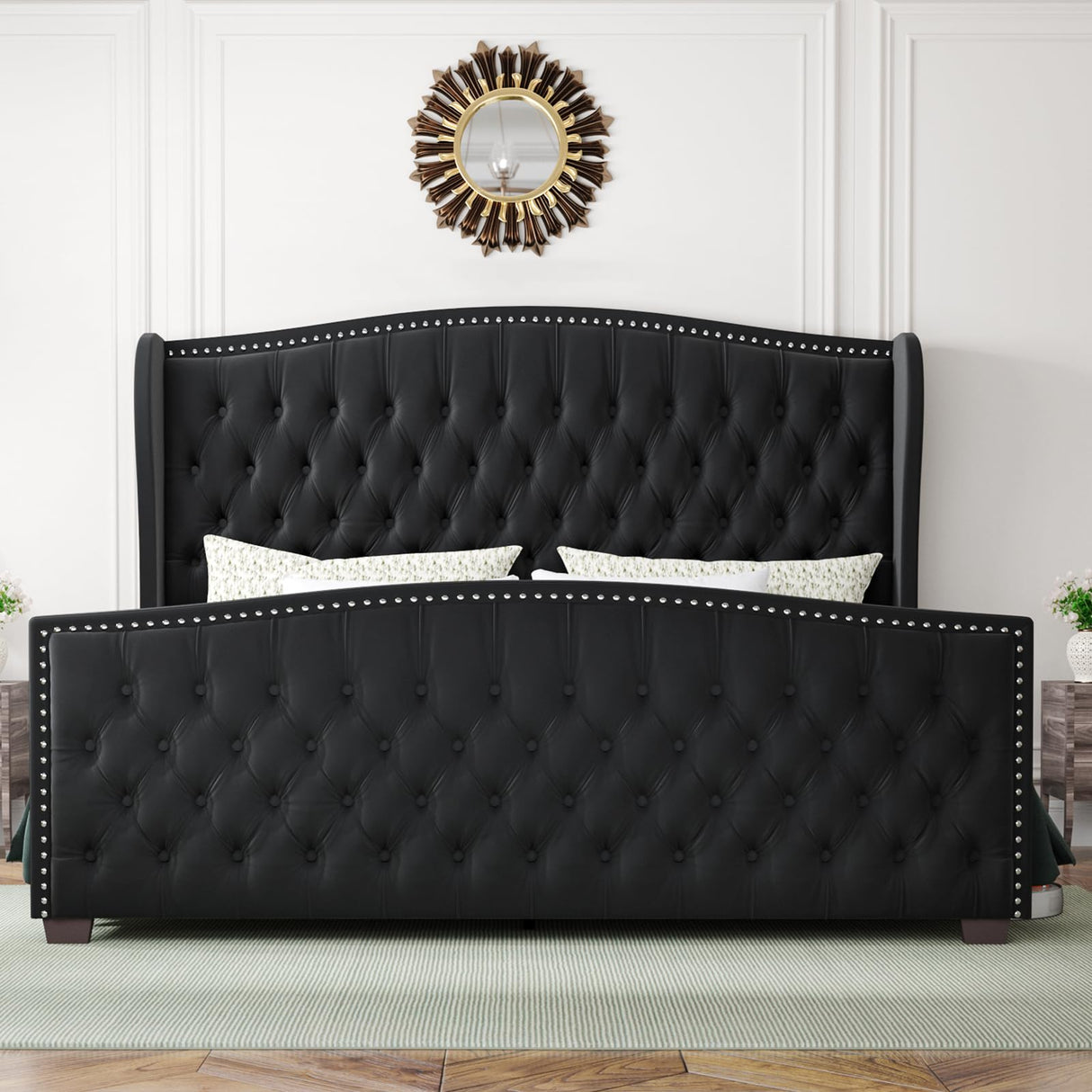 LUXOAK King Platform Bed Frame with Wingback Headboard, Velvet Upholstered Bed Frame with Handmade Button Tufted & Nailhead, Wooden Slats Support, Black LUXOAK