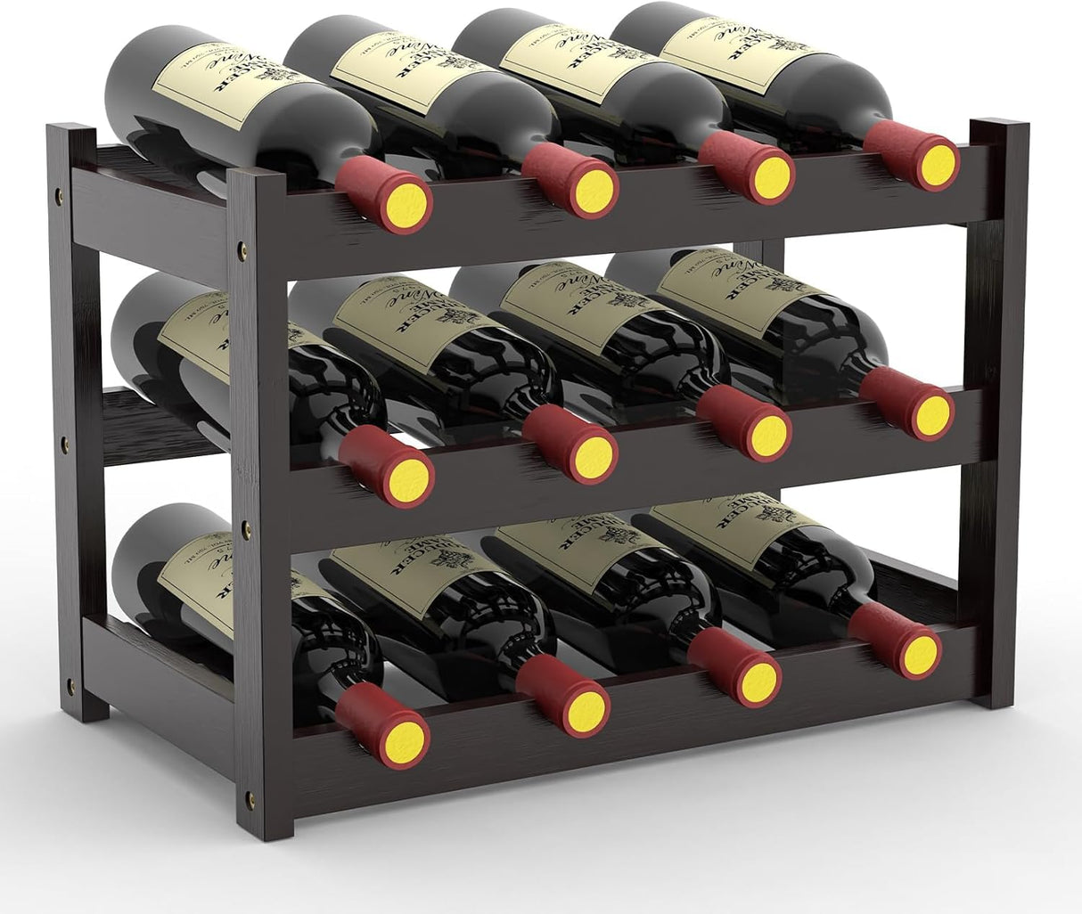 FoverOne Bamboo Wine Rack Countertop, 3-Tier 12 Bottles Wine Storage Shelf for Kitchen Pantry Cabinet - Dark Brown FoverOne