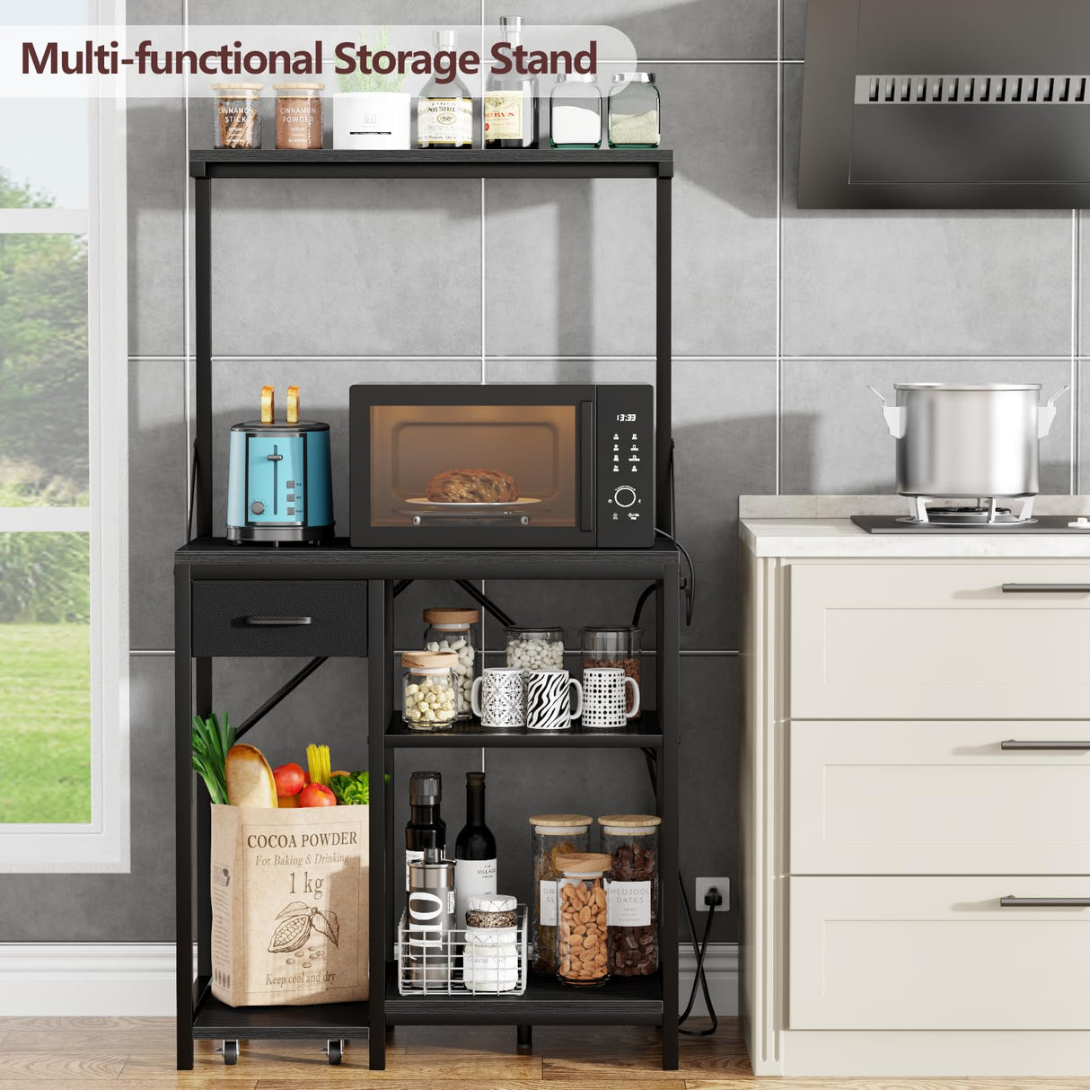 Korfile Large Aquarium Stand with Power Outlet, Tall 4 Tiers Fish Tank Stand with Storage Drawer, 400LBS Capacity Terrarium Stand with 4 Wheels, Reptile Tank for Accessories Storage, Black Korfile