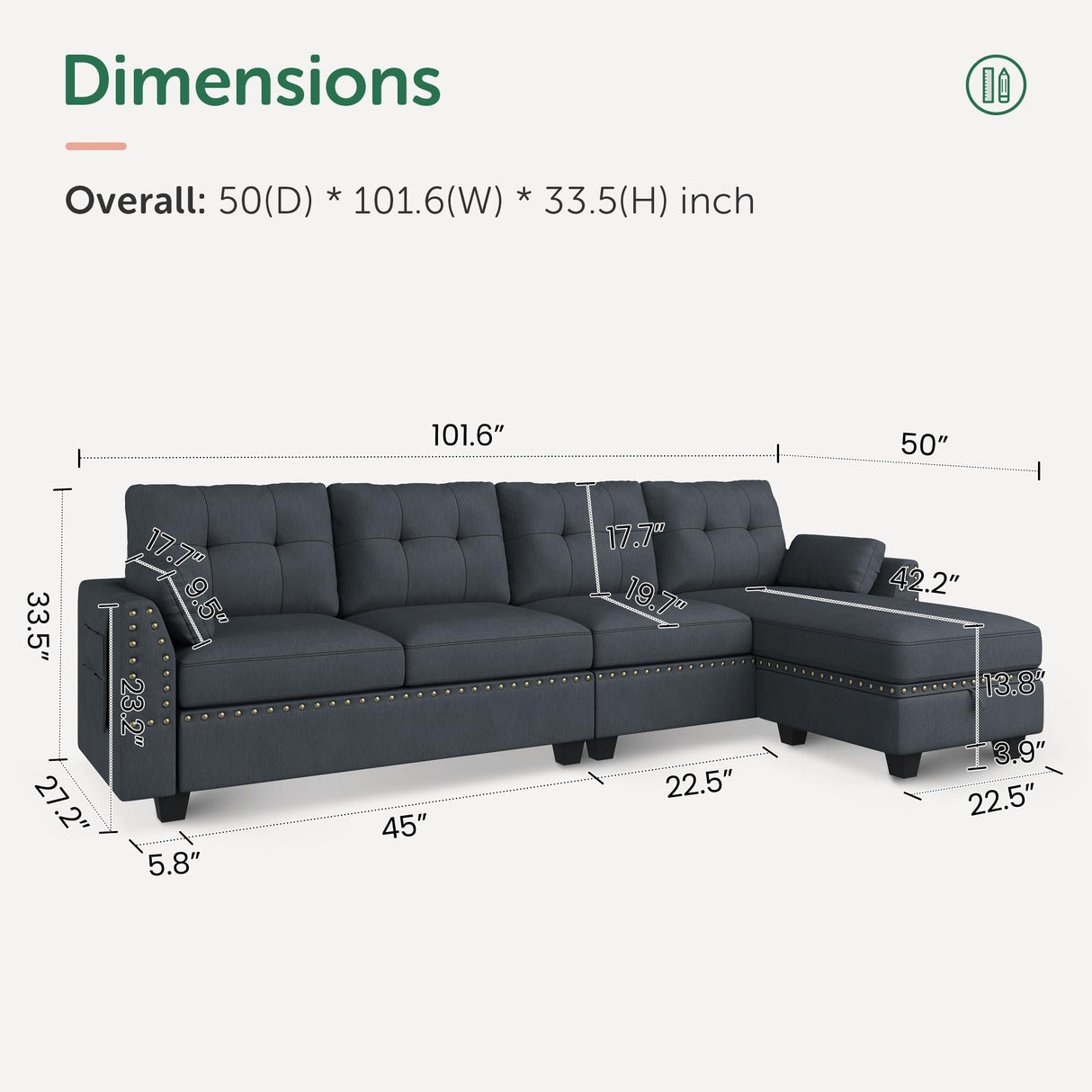 HONBAY Convertible Sectional Sofa L Shaped Couch Reversible Sectional for Small Apartment, Bluish Grey HONBAY