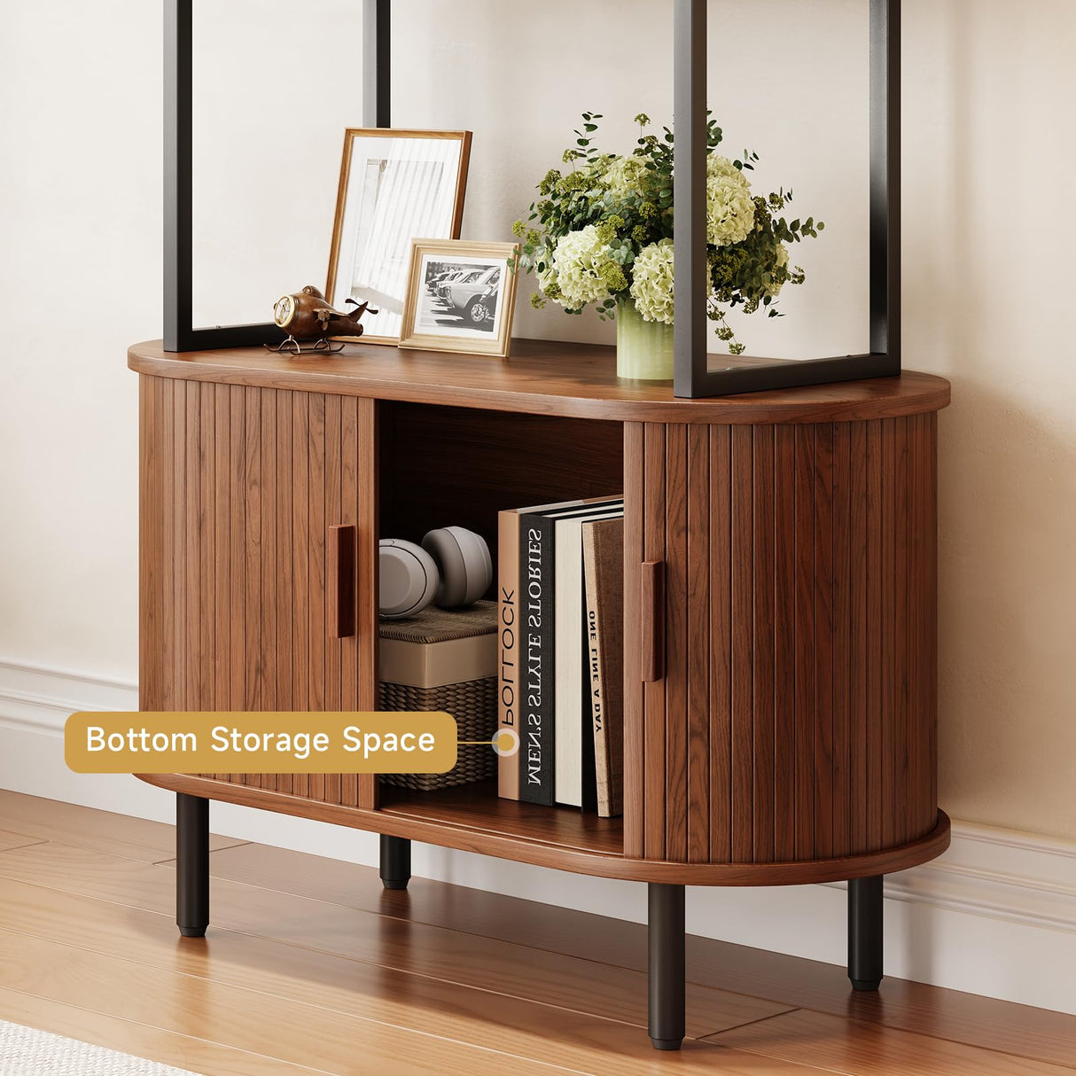 71" Tall Fluted Bookshelf with Sliding Tambour Doors, 4-Tier Mid Century Modern Metal Bookcase Cabinet w/Open Display Storage Shelf, Display Cabinet for Office, Living Room Walnut ComfyCorner