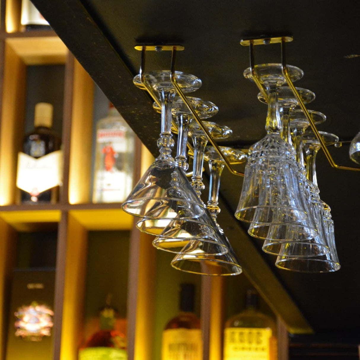 Dicunoy 6 Pack Black Wine Glass Rack, 14 Inch Under Cabinet Stemware Holder, Wall Mounted Iron Wine Glass Hanging Rack for Shelf, Kitchen, Bar, Wine Cellar Storage, Organizer, Display Dicunoy