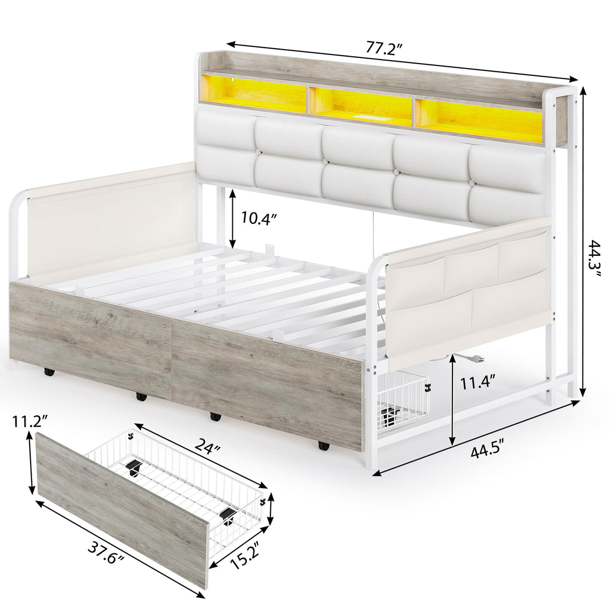 VIAGDO Daybed Twin Size with 2 Storage Drawers and Charging Station, Metal Day Bed Frame Twin with Shelf Headboard and LED Lights, Twin Corner Bed Frame for Living Room, Bedroom, Guest Room, White VIAGDO