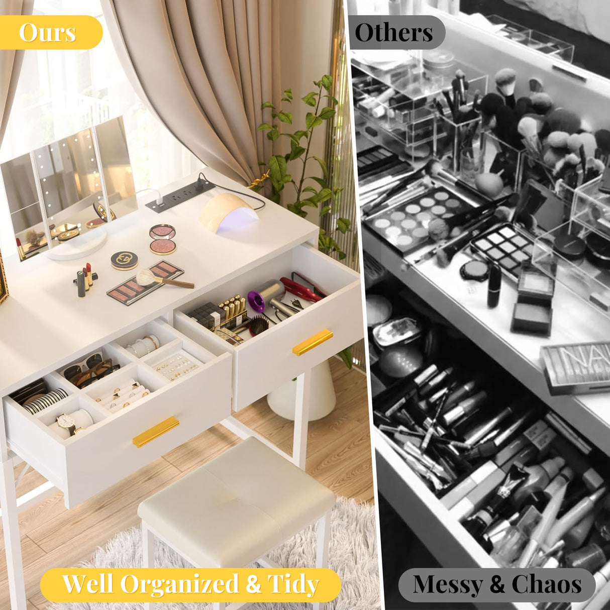 Girapow Vanity Desk with Power Outlets and Lights, 36'' Makeup Vanity with Tri Fold Lighted Mirror, White Vanity Set with Drawers, Vanity Table with Cushion Stool, Small Makeup Table for Bedroom,White Girapow