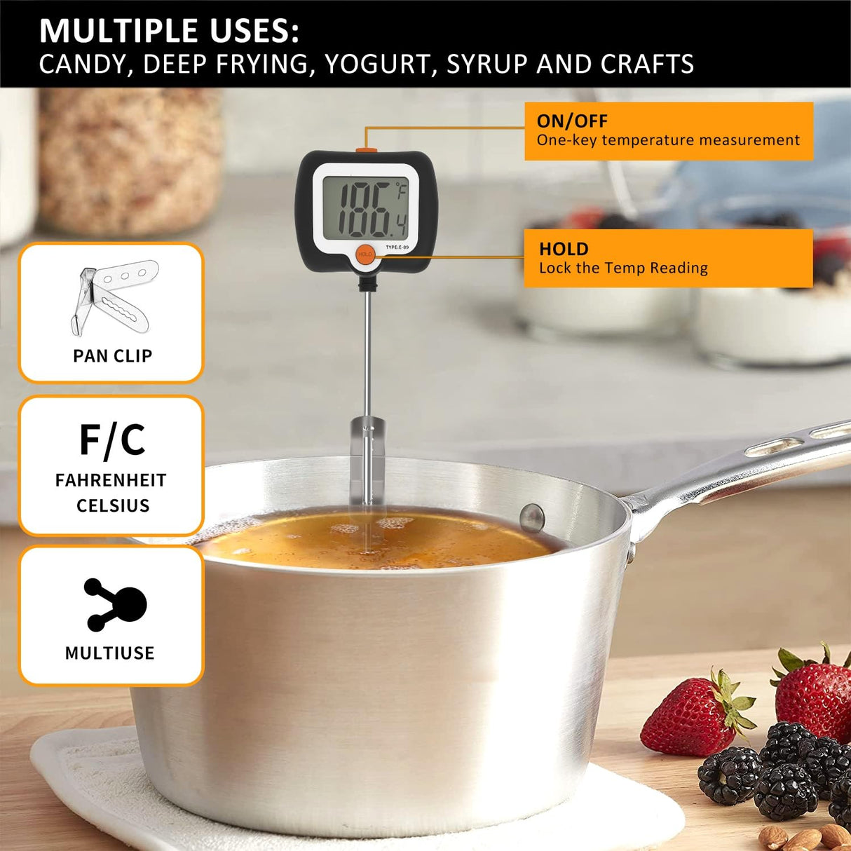 10 Inch Long Digital Candy Thermometer with Pot Clip,Deep Fry Thermometer,Rotating Display, Best Instant Read Food Meat Thermometer for Candy Making or Deep Frying efengcook