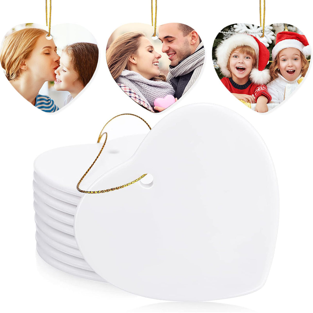 WILLBOND 10 Pieces Heart Sublimation Blank Ceramic Ornament 3 Inch White Heart Ceramic Ornament with Gold String for Valentine DIY Crafts Valentine's Day Personalized Ornament Decorations WILLBOND