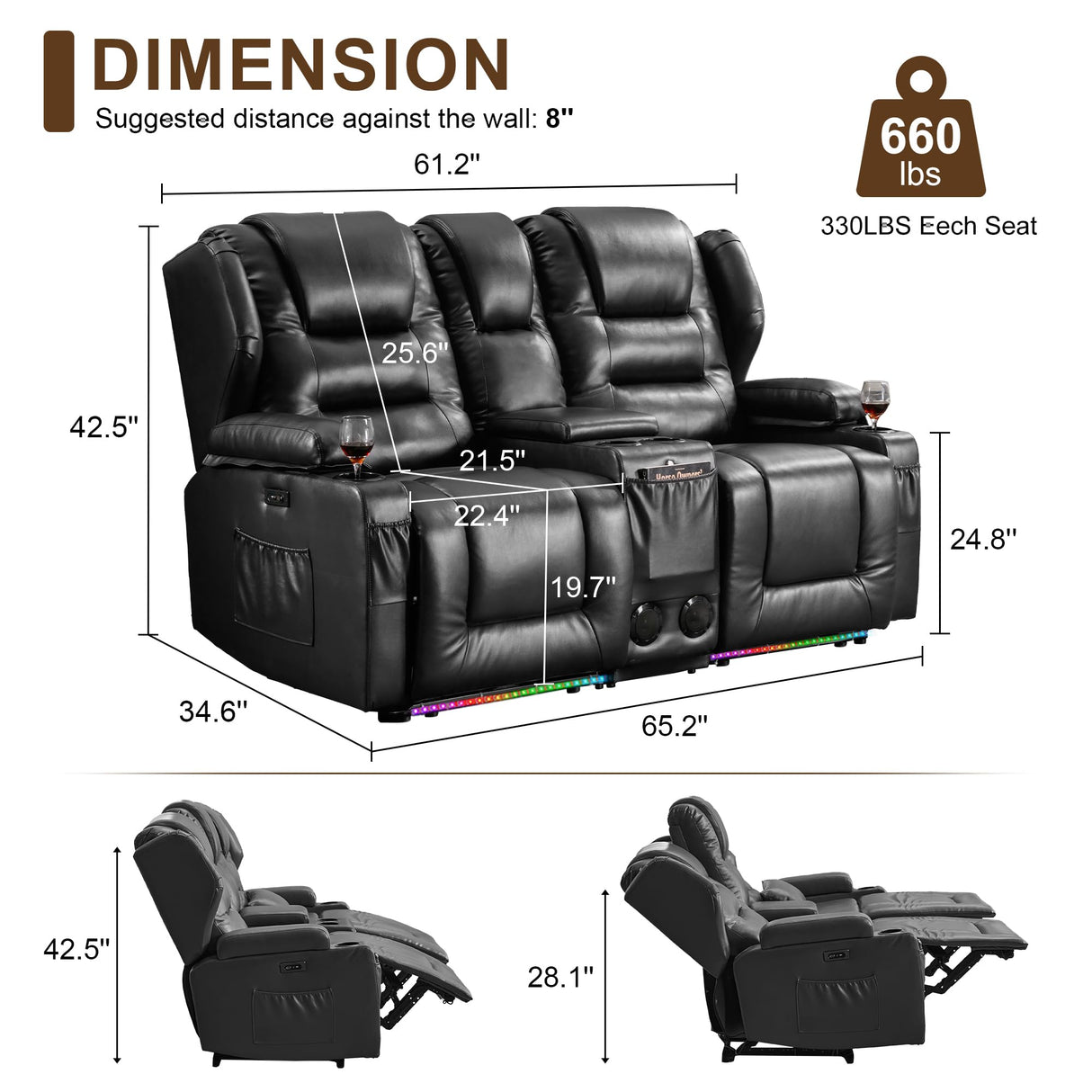 DRMBOOK RV Power Loveseat Recliner Sofa, Faux Leather Double Wall Hugger Reclining Sofa with Console, Home Theater Seating Chair with Cup Holders, 2 Person Couch RV Furniture for Living Room, Black DRMBOOK
