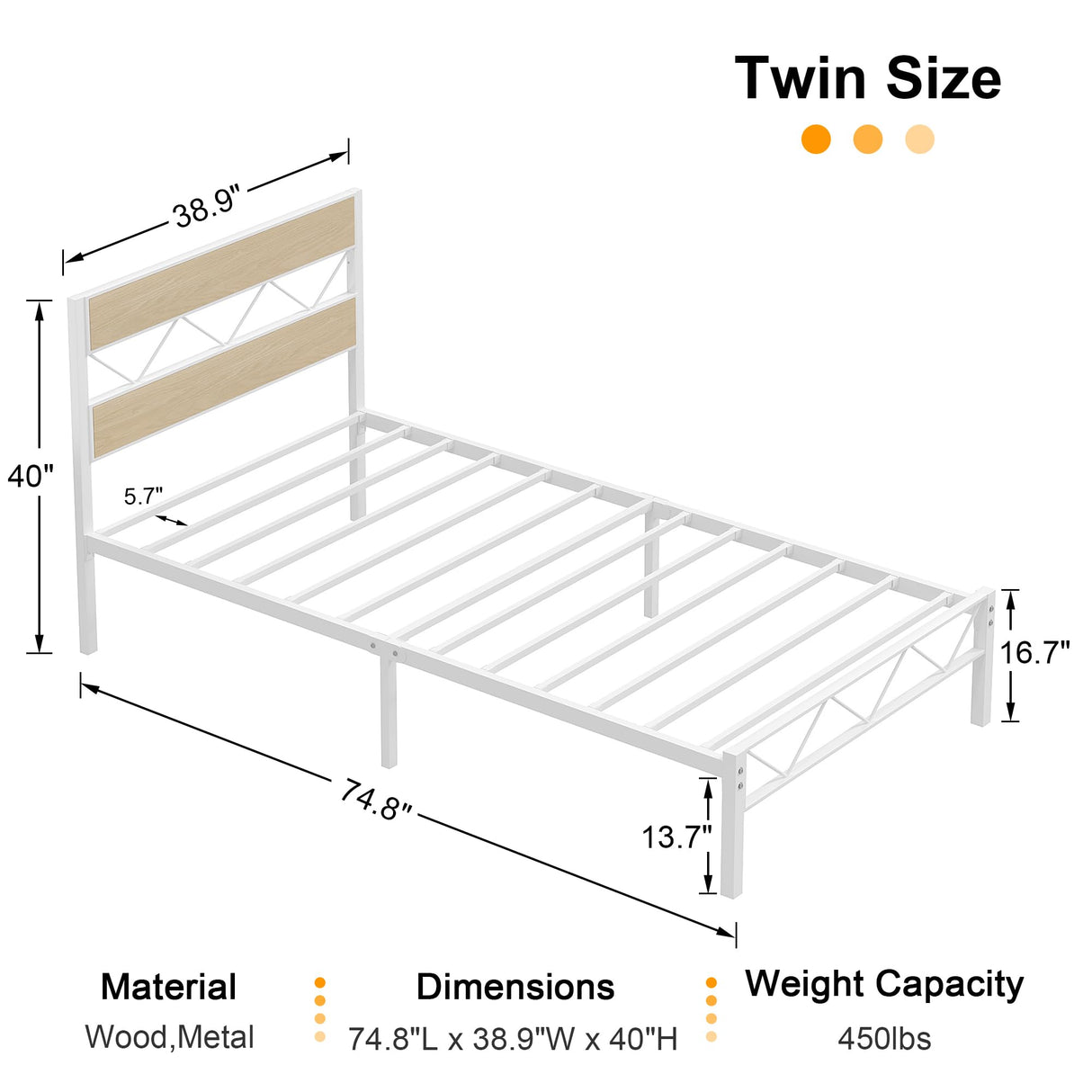 VECELO Twin Size Bed Frame with Headboard, Heavy-Duty Platform Bedframe with Metal Slats Support, No Box Spring Needed, Easy Assembly, White & Natural VECELO