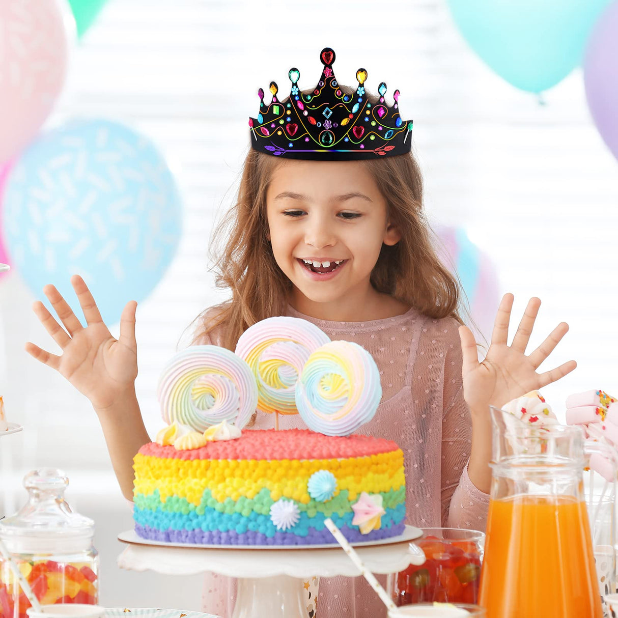 Yinder 80 Pcs Crafts Crowns Set DIY Scratch Paper Crowns with Rainbow Color Headband Hats Wooden Styluses Craft Elastic Bands Colorful Gem Jewels Stickers for Boys Girls Adults Yinder