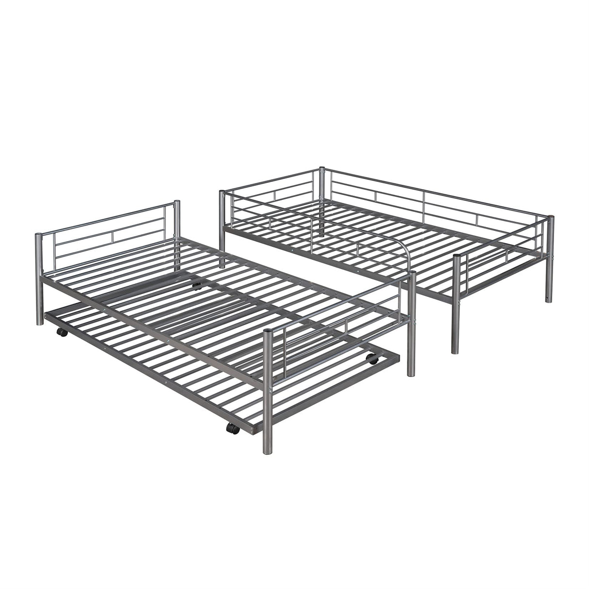 Metal Bunk Bed with Trundle Twin Over Twin Bunk Bed Frame with Ladder and Safety Rails for Kids Triple Metal Bunk Can be Divided into Two beds, Silver Bellemave