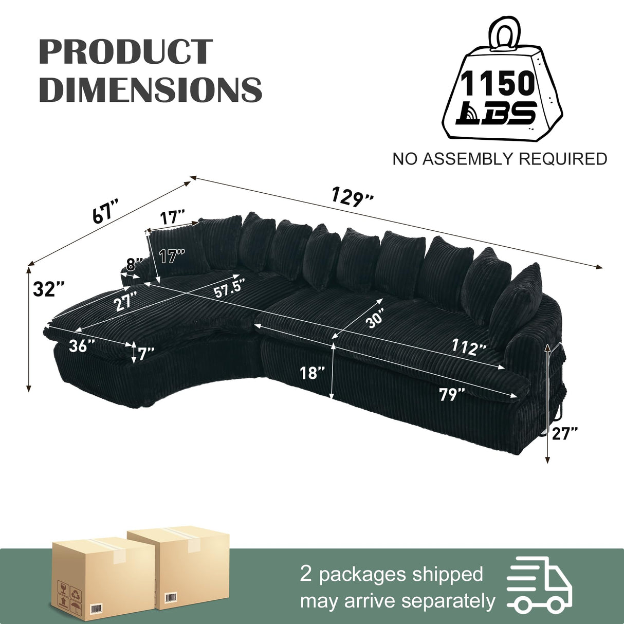 UQGVML 129'' Cloud Corduroy Couch for Living Room, Modern Curved Cloud Sofa, Upholstered Corner Couches for Living Room, L Shaped Sectional Couch (Black) UQGVML