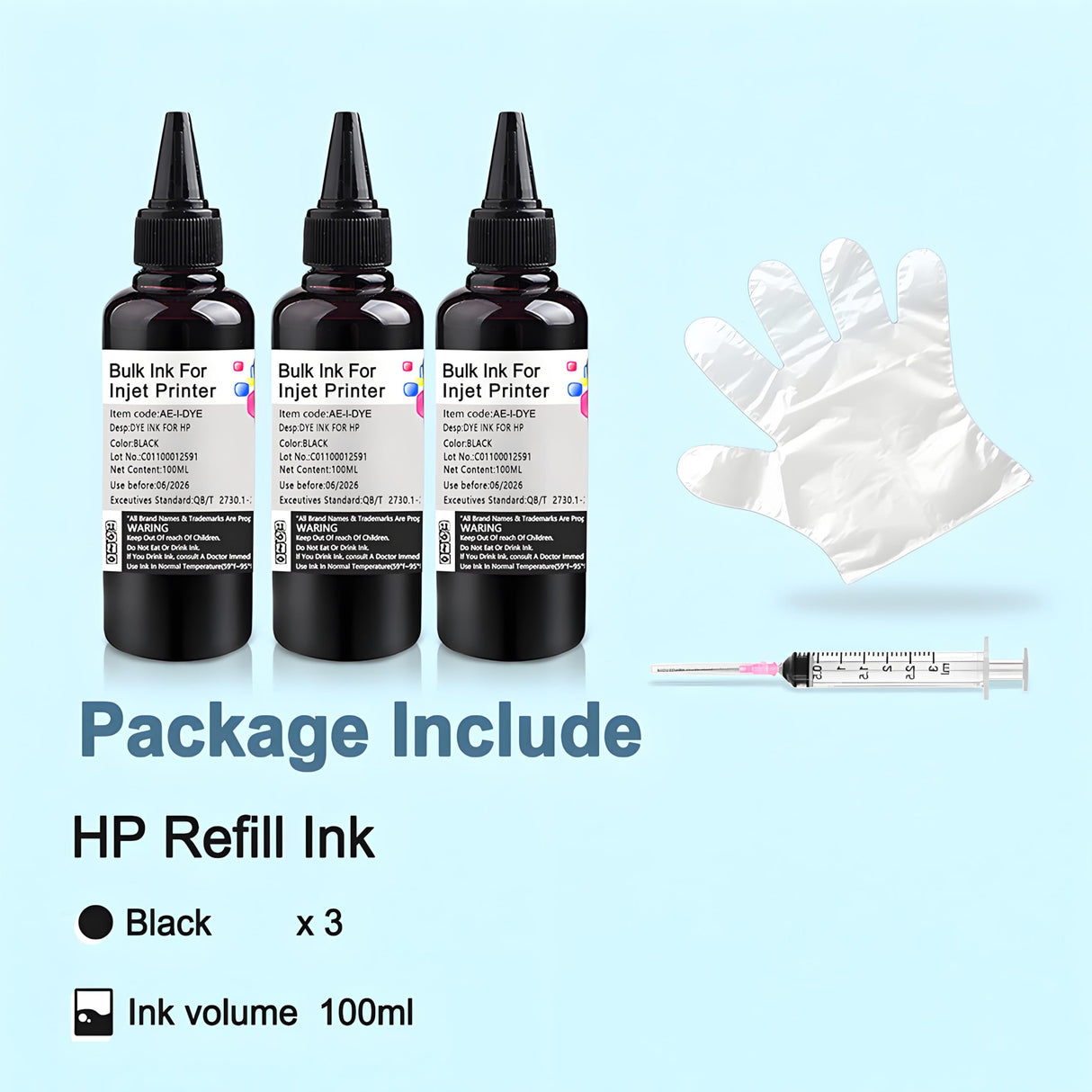 KSUMEI Ink Refill Kit for HP 21 22 60 61 62 63 64 65 94 95 96 564 711 901 902 920 932 933 934 940 950 951 952 970 971 Ink Cartridge Bottle (3*Black, 100 ml) KSUMEI