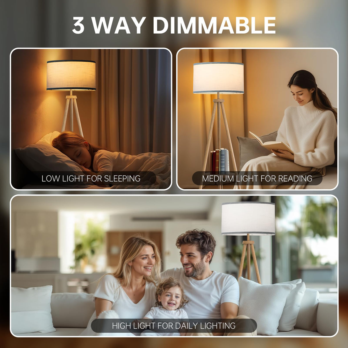 EOEYYOYB Floor Lamp with 3 Light Modes Adjustable– Wood Tripod Floor Lamp Modern LED Standing Lamp with Dimmable Brightness, Perfect for Living Room, Bedroom, and Office, Burlywood EOEYYOYB