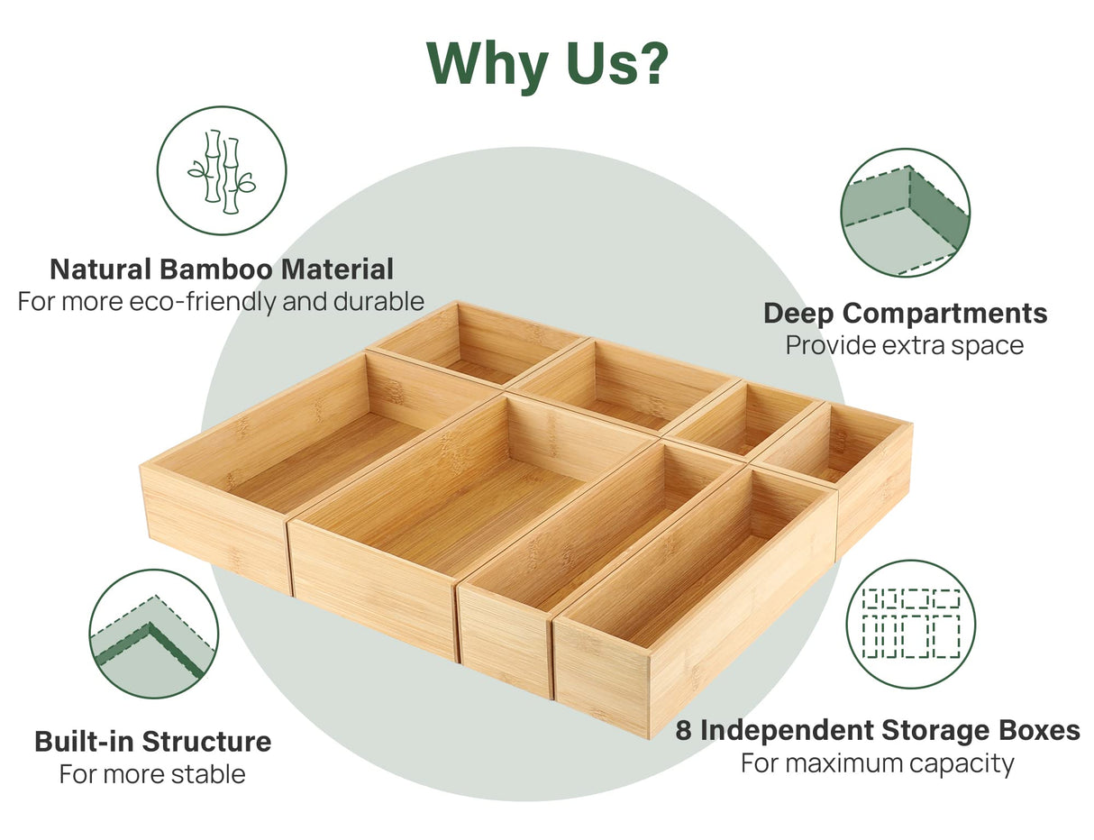 Kootek 8 Pcs Bamboo Drawer Organizer Utensil Tray Kitchen Storage Box 4-Size Versatile Dividers Cutlery Holders Bins Containers for Flatware Kitchen Utensils Kootek